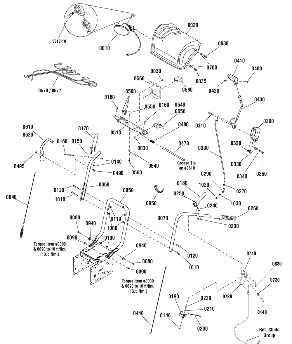 Handles And Controls Group Diagram and Parts List for 1696039-18-2852-31,1381HST 2011 Briggs and Stratton Snow Blower